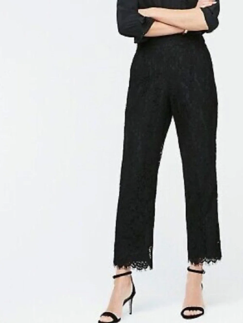 J. Crew Pull On Black Lace-Hem Cropped Pants Elastic Waist